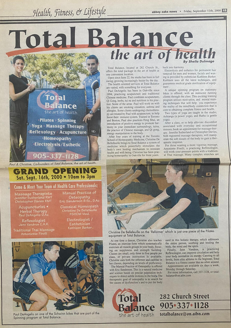 Total Balance Oakville Historic newspaper feature about Total Balance in Oakville
